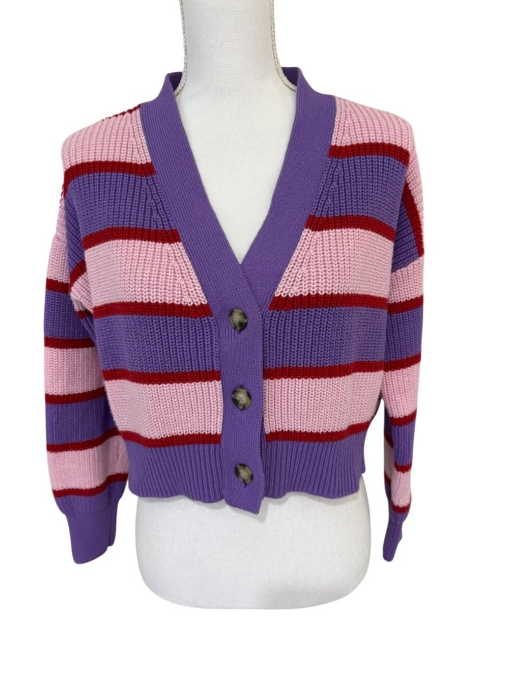 Xirena Sweater Womens XS Pink Purple Striped Cardigan Cropped Cashmere Blend LS